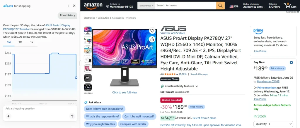 ASUS ProArt PA278QV Monitor Drops to $189, in Early Prime Day Deal 2 ASUS ProArt PA278QV monitor Amazon listing showing $189 price and recent price history