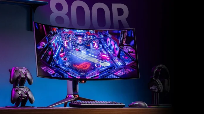 Asus ROG Swift OLED PG34WCDN Gaming Setup Asus ROG Swift OLED PG34WCDN ultrawide OLED gaming monitor showcased in a desktop gaming setup with keyboard, mouse, and accessories