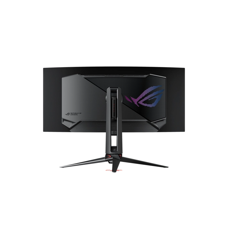 Asus ROG Swift OLED PG34WCDN Monitor Hits US Retailers at $1,299 3 Rear view of the Asus ROG Swift OLED PG34WCDN ultrawide gaming monitor showing the ROG logo and ergonomic stand