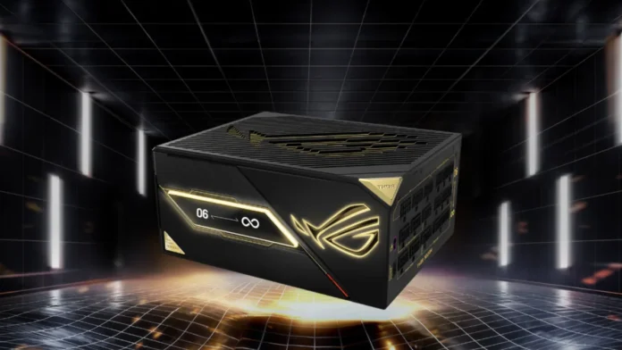 ASUS ROG Thor 3000W Titanium III Edition power supply showcased with illuminated OLED display.
