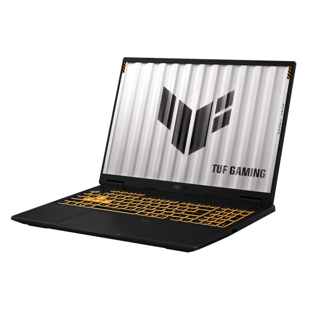 ASUS Announces New TUF Gaming 16 With RTX 5070 and Quieter 40dB Cooling 2 ASUS TUF Gaming 16 laptop with orange backlit keyboard viewed from the front-left angle