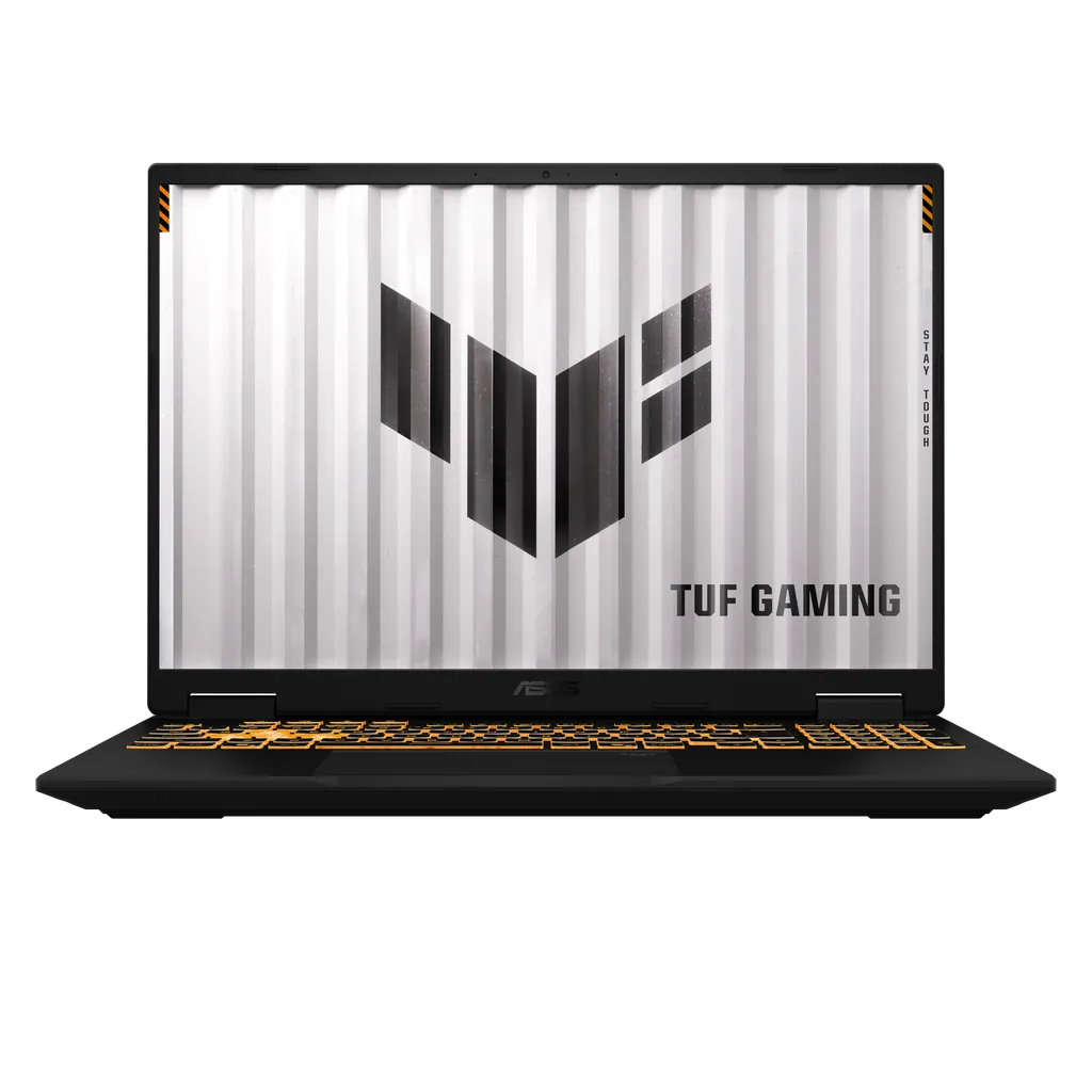 ASUS Announces New TUF Gaming 16 With RTX 5070 and Quieter 40dB Cooling 1 Front-facing ASUS TUF Gaming 16 laptop displaying the TUF Gaming logo on screen
