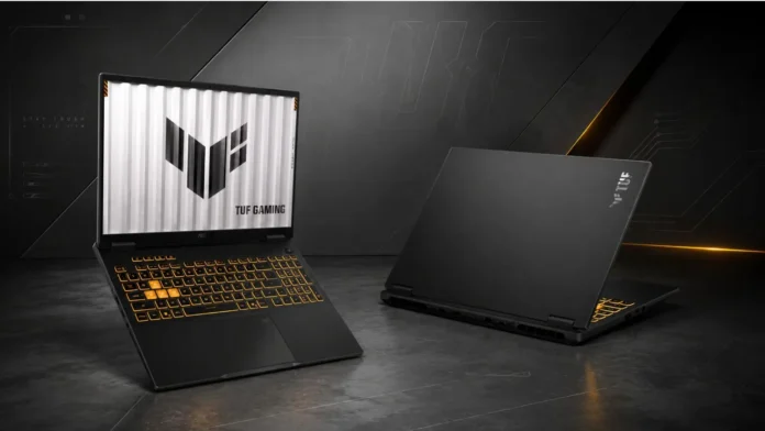 ASUS TUF Gaming 16 Gaming Laptop ASUS TUF Gaming 16 gaming laptop shown open and closed with orange backlit keyboard and TUF branding