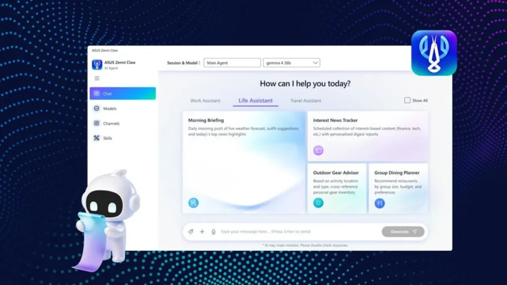 ASUS Zenni Claw Agentic AI platform interface showing AI assistants, skills, models, and productivity tools for AI PCs