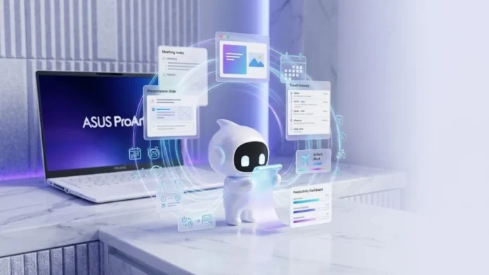 ASUS Zenni Claw AI assistant managing schedules, notes, travel planning, and productivity tasks alongside a ProArt laptop