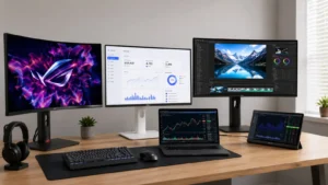 Best Monitor Deals on Amazon Prime Day Sale Today: Strong Discounts Across Every Budget 1 Multi-monitor desktop setup featuring gaming, productivity, and content creation displays