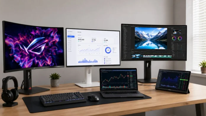 Multi-monitor desktop setup featuring gaming, productivity, and content creation displays