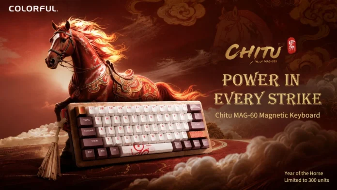 Colorful Chitu MAG-60 magnetic gaming keyboard featuring a Year of the Horse themed design and custom keycaps