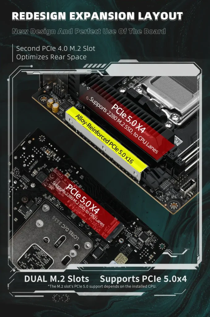 Close-up of the Colorful iGame B850I Mini OC V14 motherboard highlighting PCIe 5.0 x16 slot and dual PCIe 5.0 M.2 SSD slots