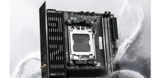 Colorful iGame B850I Mini OC V14 Packs Dual Gen5 SSD Support Angled view of the Colorful iGame B850I Mini OC V14 Mini-ITX motherboard with integrated heatsinks