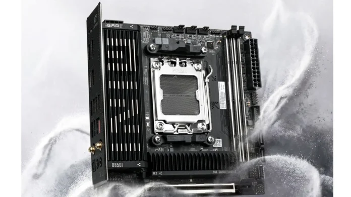 Angled view of the Colorful iGame B850I Mini OC V14 Mini-ITX motherboard with integrated heatsinks