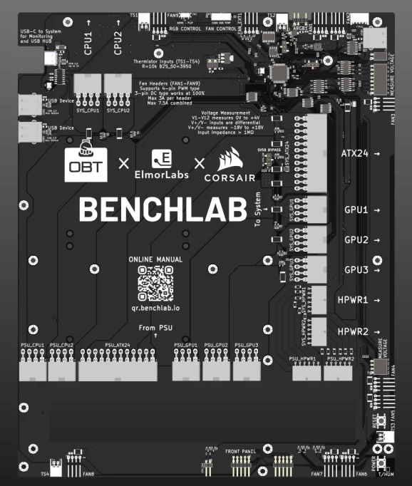 BENCHLAB 2 telemetry board developed by Open Benchtable, ElmorLabs, and Corsair for real-time PC power, thermal, and performance monitoring