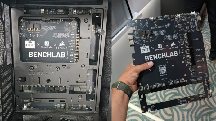 Corsair BENCHLAB 2 telemetry monitoring platform installed inside an open PC test bench for advanced hardware power and performance analysis
