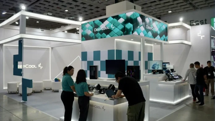 DeepCool Showcase at Computex 2026 DeepCool exhibition booth displaying PC cases, cooling hardware, fans, and other computer components during a technology trade show