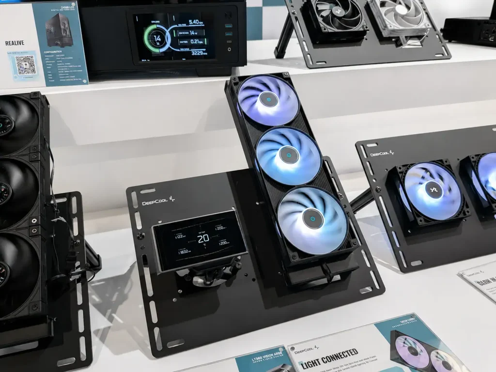 DeepCool FL12 INF and FD12 V2 Fans Bring Cleaner Builds and Quieter Cooling 2 DeepCool display featuring liquid coolers, RGB fans, monitoring screens, and cooling solutions showcased on demonstration stands