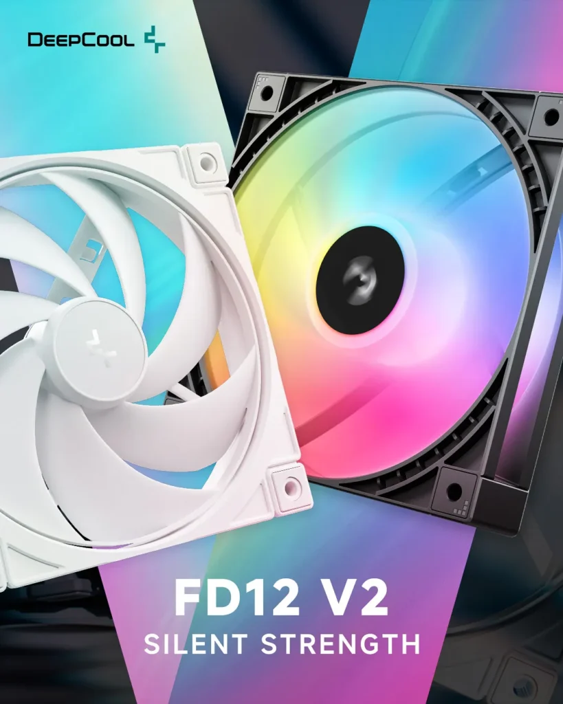 DeepCool FL12 INF and FD12 V2 Fans Bring Cleaner Builds and Quieter Cooling 4 DeepCool FL12 WF wireless RGB cooling fan displayed at a trade show with information card highlighting cable-reduction design and lighting features
