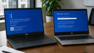 Dell and HP laptops showing Windows crash and BitLocker recovery screens