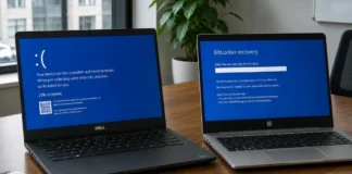 Dell and HP Updates Trigger PC Crashes and BitLocker Recovery Prompts Dell and HP laptops showing Windows crash and BitLocker recovery screens