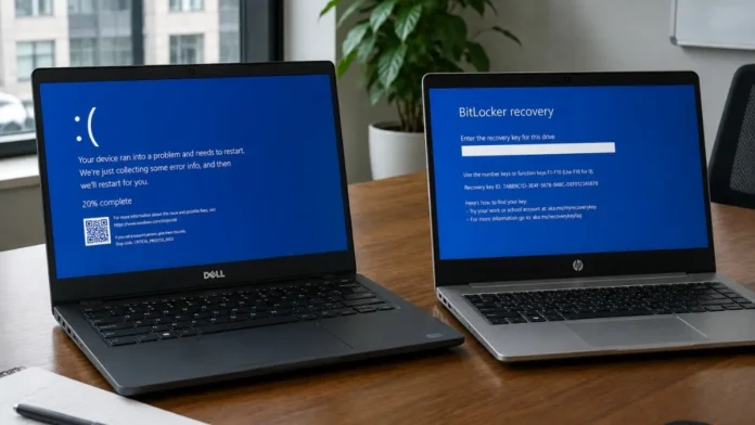 Dell and HP laptops showing Windows crash and BitLocker recovery screens