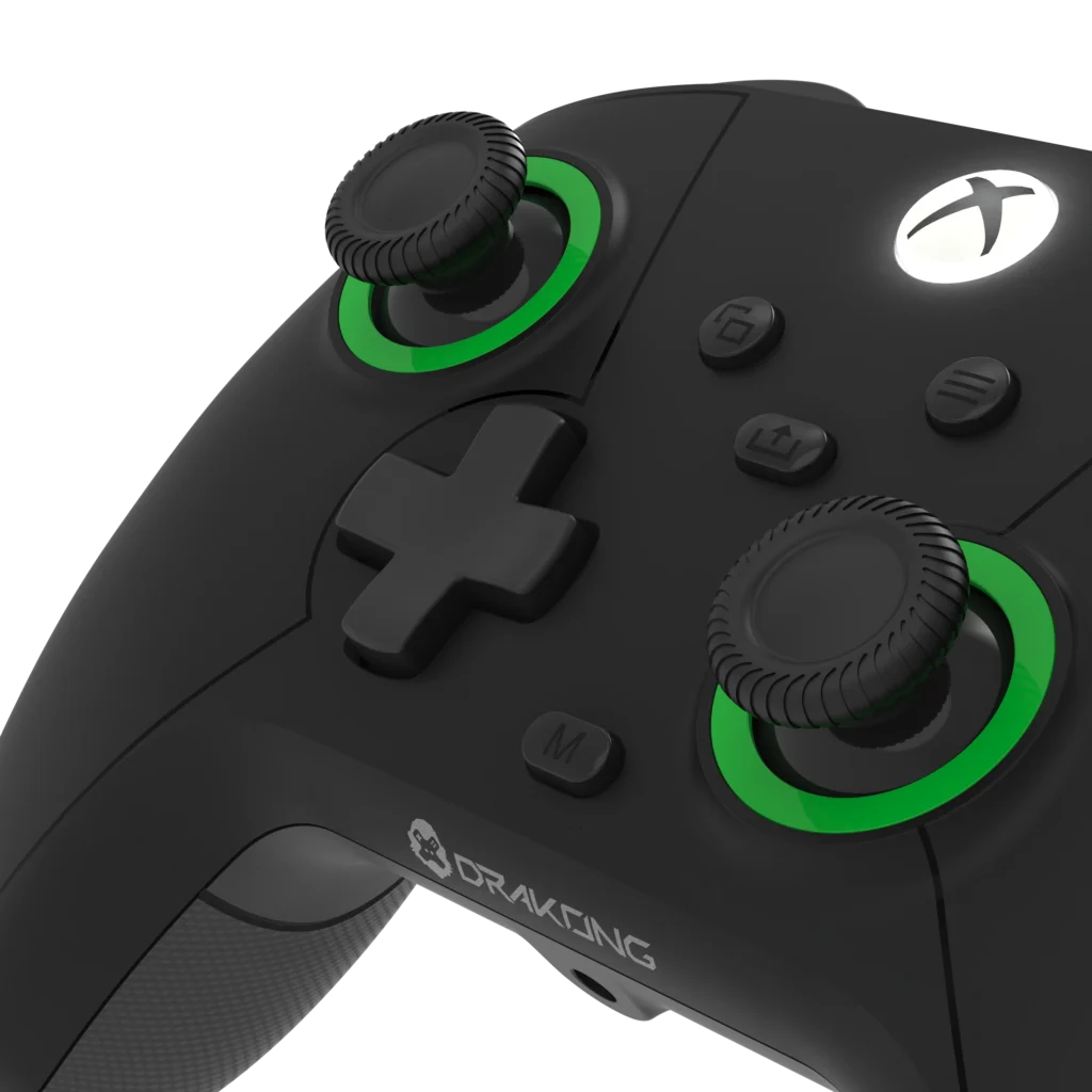 Close-up of the Hall Effect analog sticks on the Drakong Challenger controller.