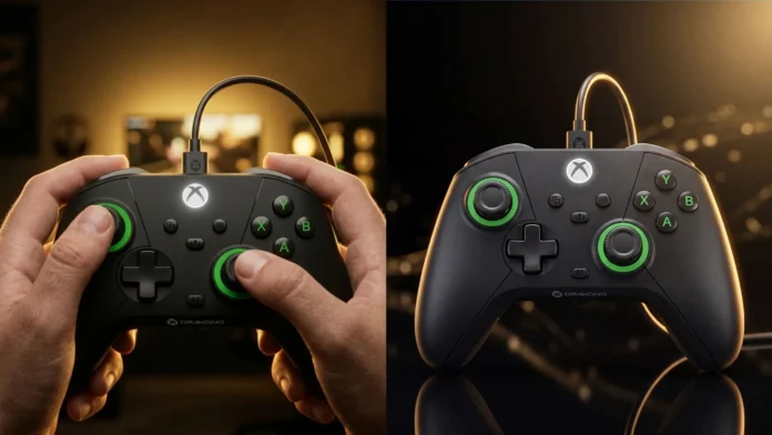 Drakong Challenger wired controller shown in use and on display.