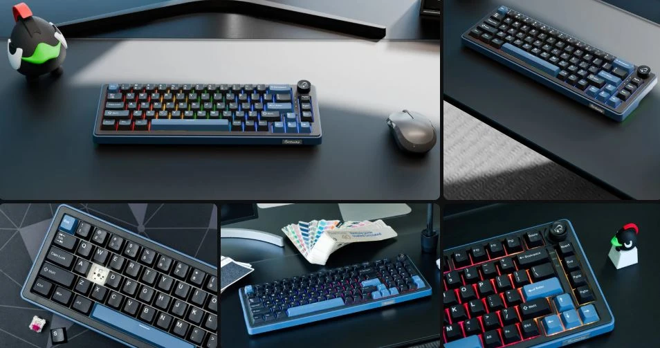 Promotional image of the Ducky OK-M series mechanical keyboard with RGB lighting