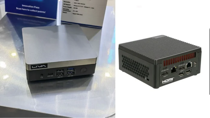 Compact ECS LIVA mini PC featuring multiple USB ports and a small form factor design displayed during Computex 2026