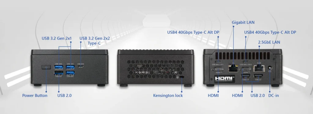 Front and rear view of an ECS LIVA mini PC highlighting USB4, HDMI, Ethernet, USB Type-C, and other connectivity options