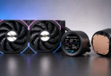 EINAREX ORBIT AIO Coolers Add Real-Time Hardware Monitoring EINAREX ORBIT AIO liquid cooler featuring dual-fan radiator, monitoring display pump, and copper cold plate