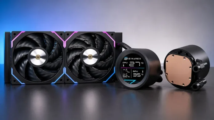EINAREX ORBIT AIO Cooler Complete Kit EINAREX ORBIT AIO liquid cooler featuring dual-fan radiator, monitoring display pump, and copper cold plate