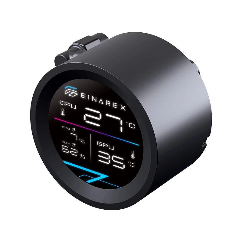 EINAREX ORBIT AIO Coolers Add Real-Time Hardware Monitoring 1 Circular EINAREX ORBIT pump display showing real-time CPU, GPU, and RAM monitoring information