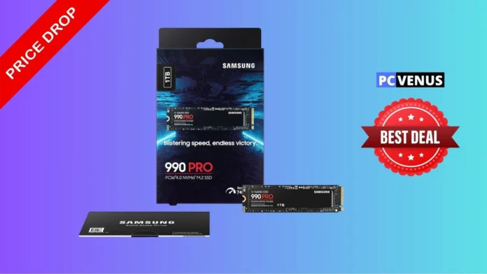 Samsung 990 Pro 1TB PCIe 4.0 NVMe SSD featured in a promotional price drop graphic