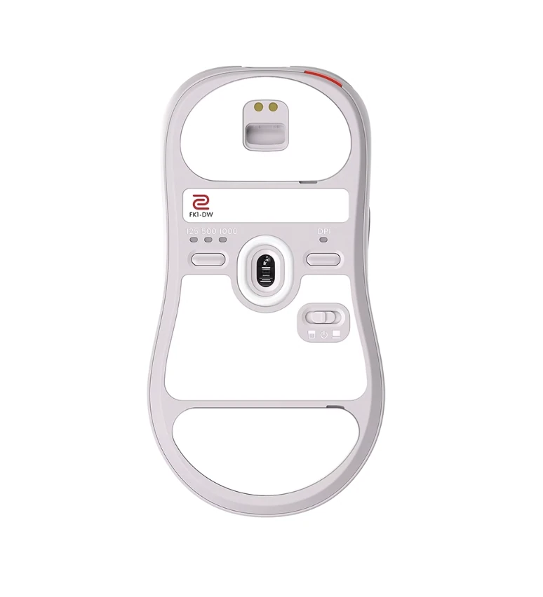 Bottom view of the ZOWIE FK1-DW wireless gaming mouse showing sensor and controls