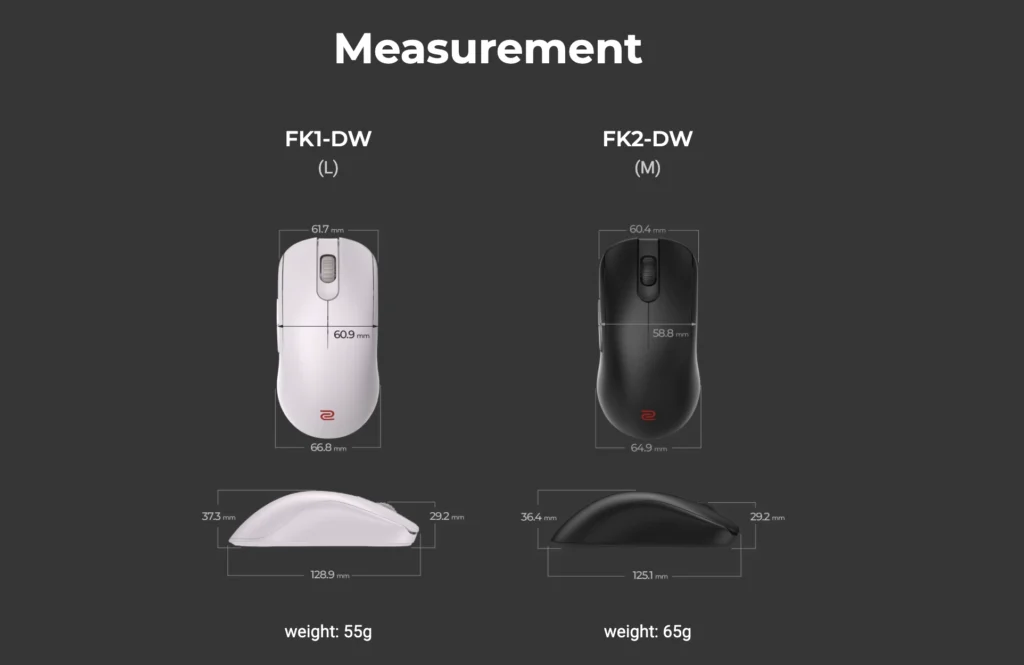 Dimensions and weight comparison of the ZOWIE FK1-DW and FK2-DW wireless mice