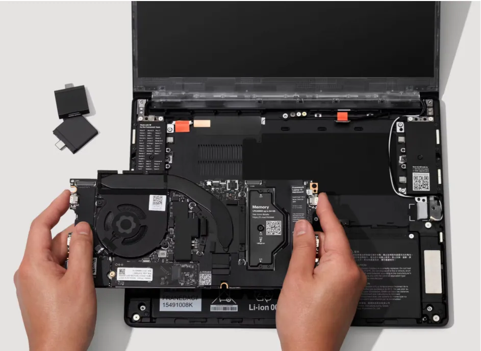 Framework Laptop 13 mainboard removal design highlighting modular LPCAMM2 memory architecture