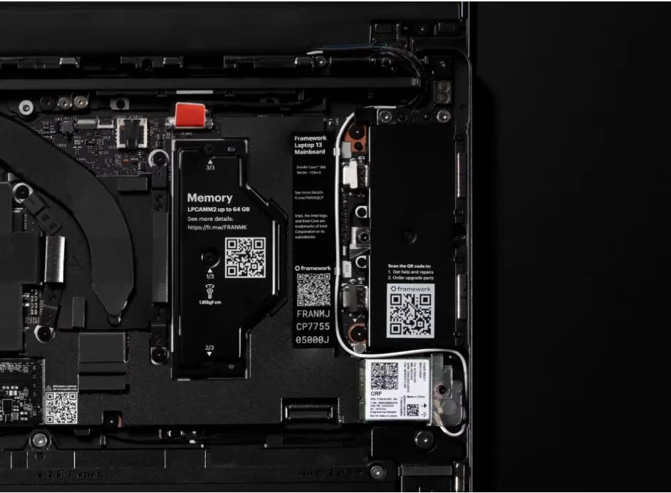 Framework Laptop 13 motherboard with installed LPCAMM2 LPDDR5x memory module