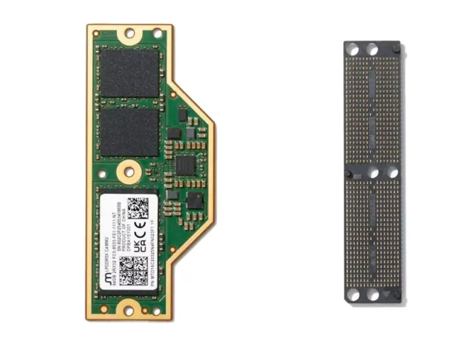 LPCAMM2 LPDDR5x memory module shown alongside its connector interface for upgradeable laptop memory
