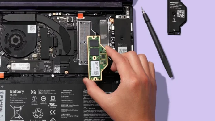 Framework Laptop 13 showing LPCAMM2 memory module installation for upgradeable LPDDR5x memory