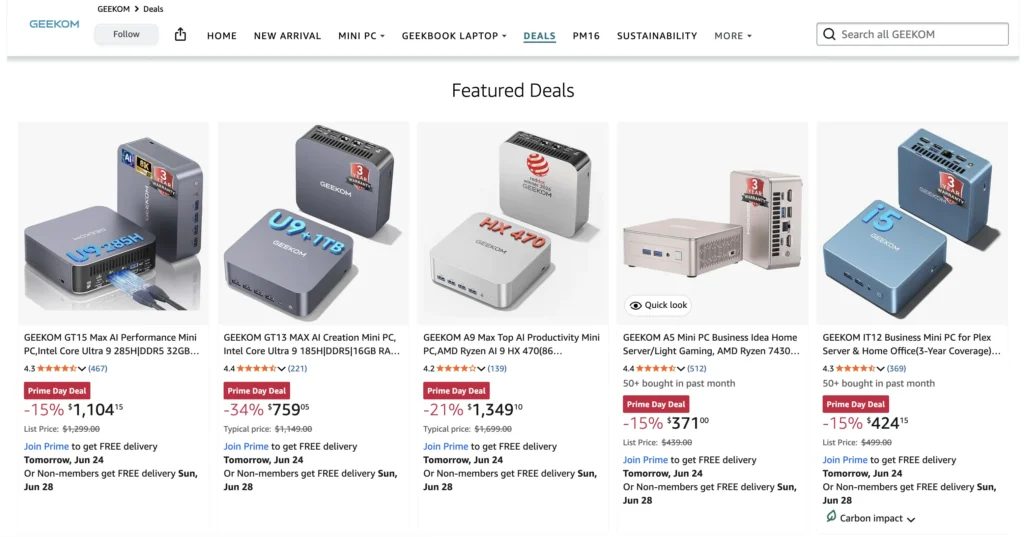 GEEKOM Prime Day Deals Cut Mini PC Prices by Up to 34% 1 GEEKOM GT15 Max, GT13 Max, A9 Max, A5, and IT12 mini PCs listed with Prime Day discounts and promotional pricing