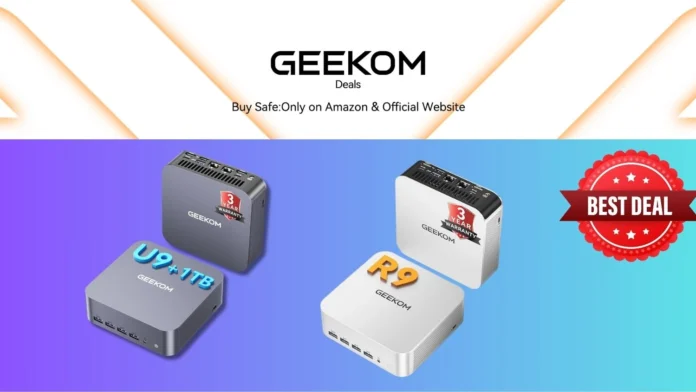 GEEKOM Prime Day promotion featuring Ryzen 9 and Core Ultra mini PCs with limited-time discounts and extended warranty offers