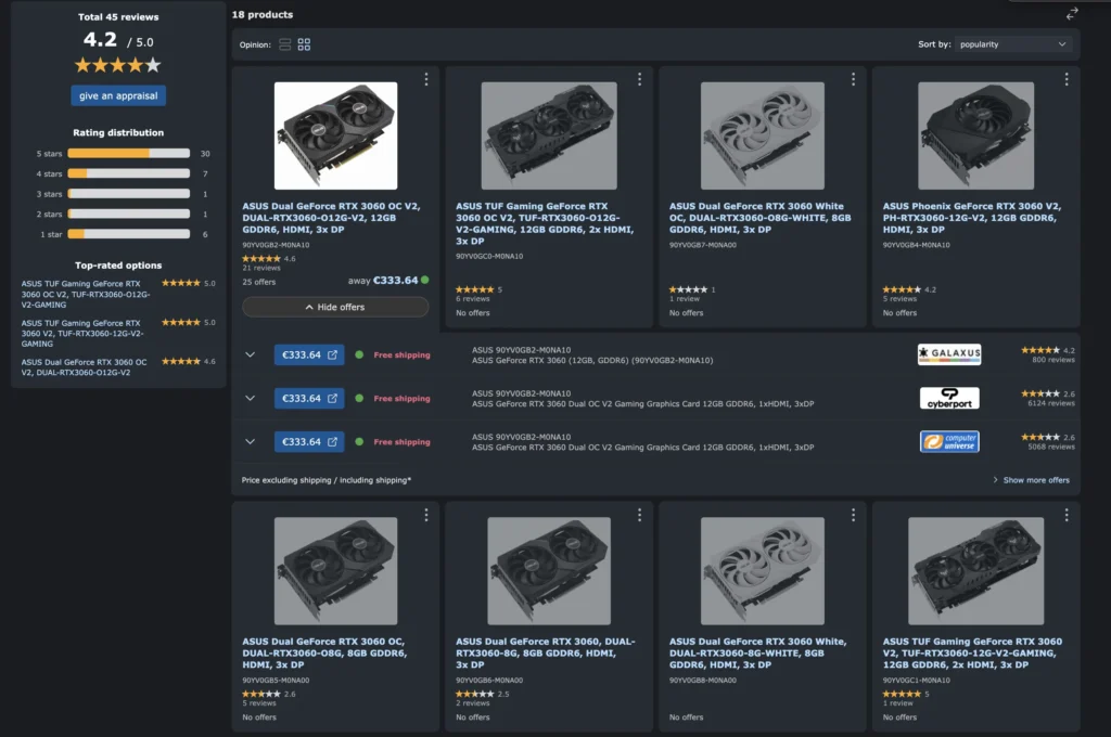 German retail listings showing GeForce RTX 3060 graphics cards with prices starting at €333.