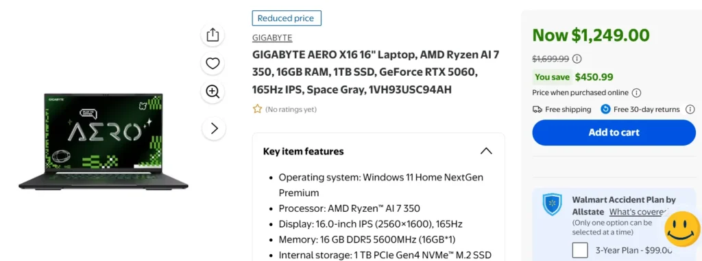 Laptop Deals | GIGABYTE Cuts Up to $551 Off Gaming and Creator Laptops 3 GIGABYTE AERO X16 laptop with Ryzen AI 7 350 and RTX 5060 on sale at Walmart