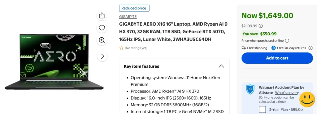 Laptop Deals | GIGABYTE Cuts Up to $551 Off Gaming and Creator Laptops 4 GIGABYTE AERO X16 creator laptop with Ryzen AI 9 HX 370 and RTX 5070 discounted at Walmart