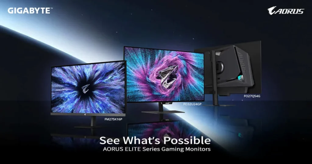 Gigabyte Unveils AORUS ELITE World's First 27-Inch 5K Multi-Mode Mini LED Gaming Monitor 1 Gigabyte AORUS ELITE gaming monitors showcasing OLED and Mini LED display options in the lineup