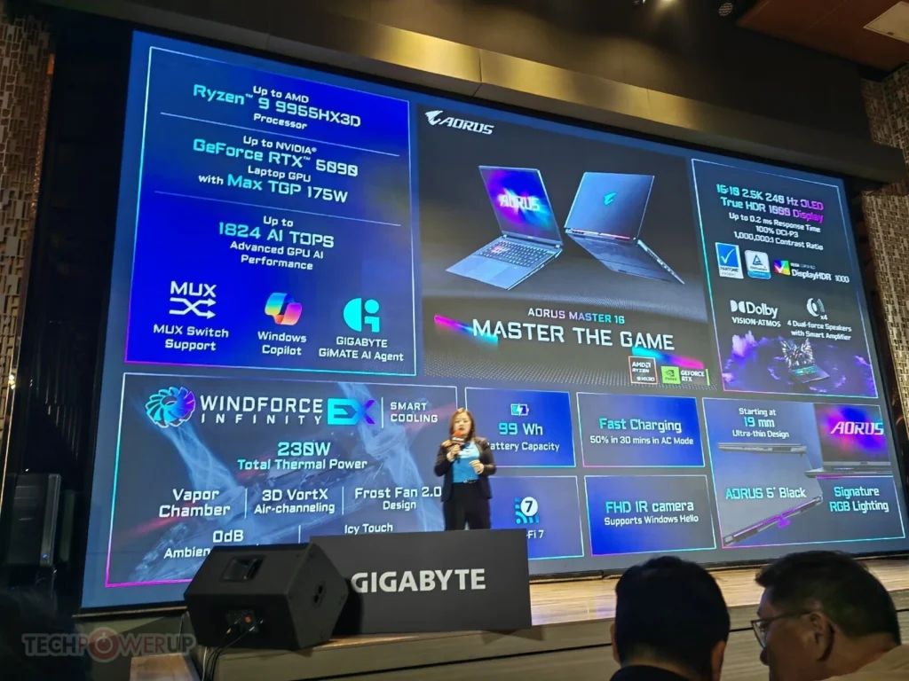 GIGABYTE AORUS Master 16 feature overview showing Ryzen 9 9955HX3D, RTX 5090, 99Wh battery, and Windforce Infinity EX cooling