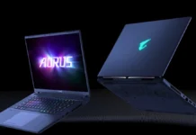 GIGABYTE AORUS Master 16 Showcased With Ryzen 9 and RTX 5090 at Computex 2026 GIGABYTE AORUS Master 16 gaming laptop shown in open and rear angled views with RGB keyboard and illuminated AORUS logo