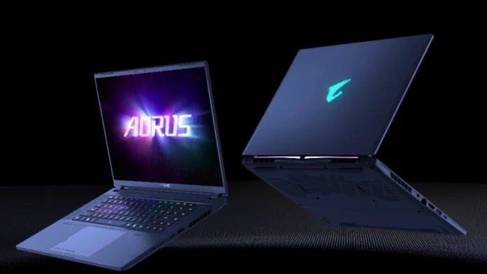 GIGABYTE AORUS Master 16 gaming laptop shown in open and rear angled views with RGB keyboard and illuminated AORUS logo