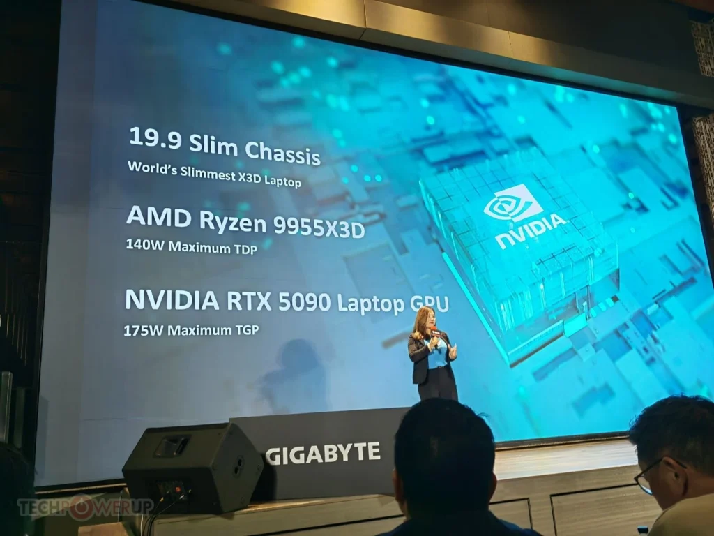 GIGABYTE AORUS Master 16 presentation slide showing Ryzen 9 9955HX3D processor and RTX 5090 Laptop GPU specifications at Computex 2026