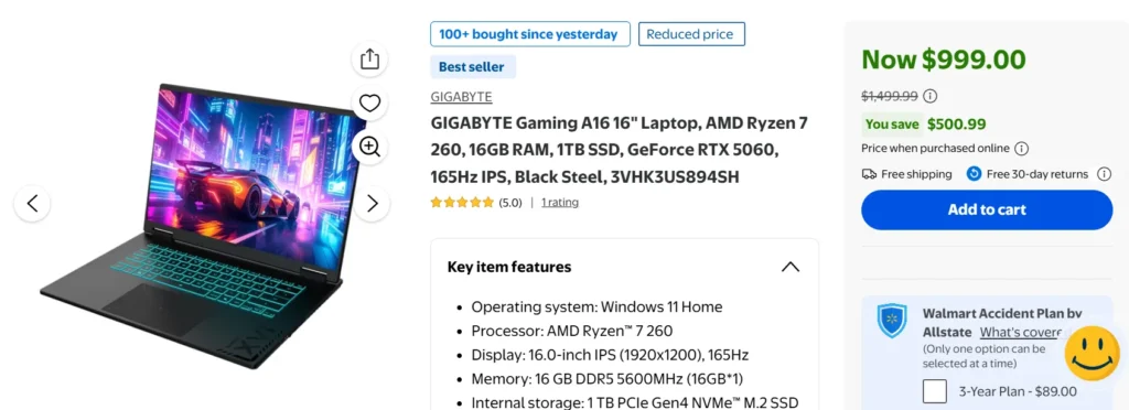 Laptop Deals | GIGABYTE Cuts Up to $551 Off Gaming and Creator Laptops 1 GIGABYTE Gaming A16 laptop with Ryzen 7 260 and RTX 5060 discounted during Walmart sale