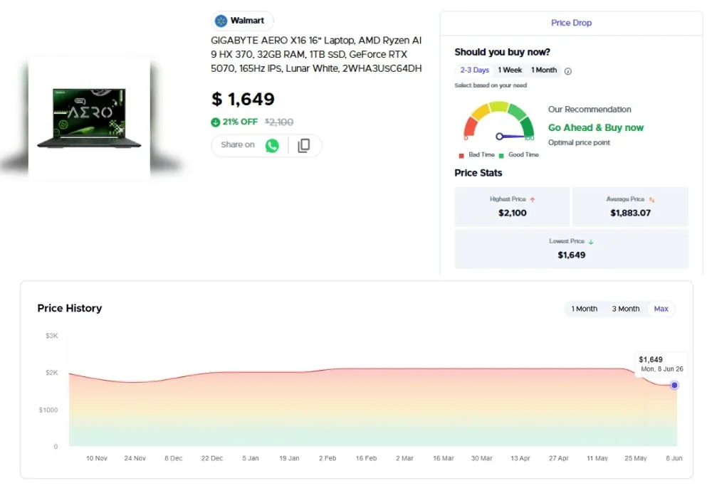 Laptop Deals | GIGABYTE Cuts Up to $551 Off Gaming and Creator Laptops 5 GIGABYTE AERO X16 RTX 5070 laptop price history showing a drop to $1,649 at Walmart